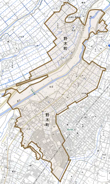 大字友沼とその周辺の地図。町の範囲を重ねている