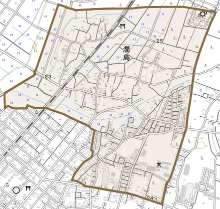大字潤島とその周辺の地図。町の範囲を重ねている