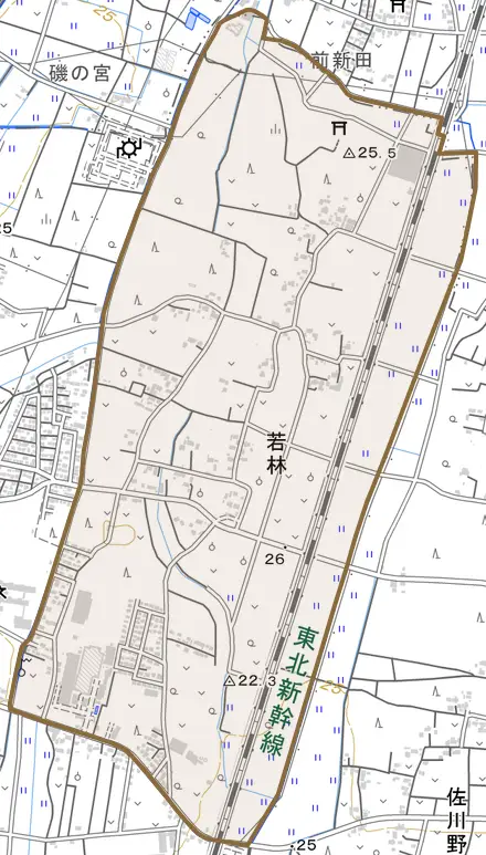 大字若林とその周辺の地図。町の範囲を重ねている