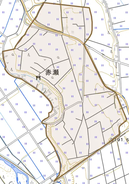 赤瀬とその周辺の地図。町の範囲を重ねている