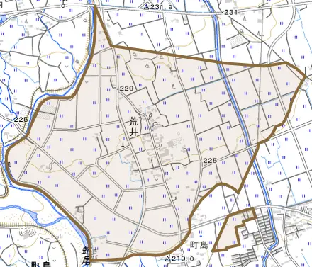 荒井とその周辺の地図。町の範囲を重ねている