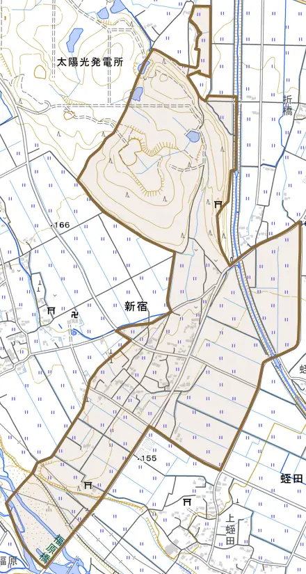 新宿とその周辺の地図。町の範囲を重ねている
