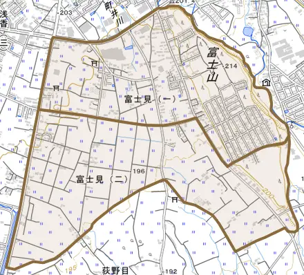 富士見とその周辺の地図。町の範囲を重ねている