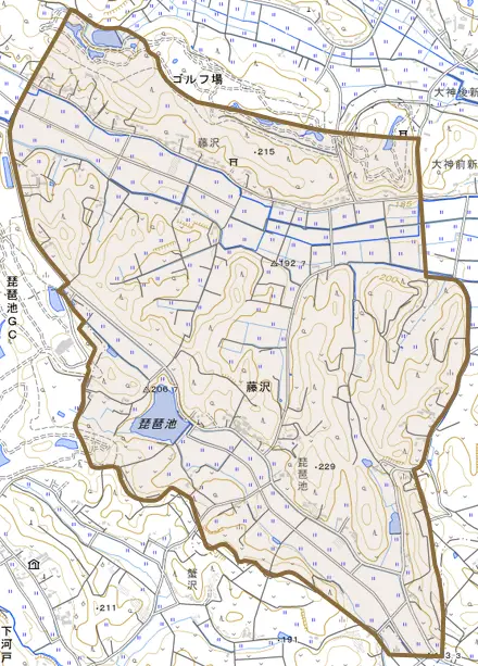 藤沢とその周辺の地図。町の範囲を重ねている
