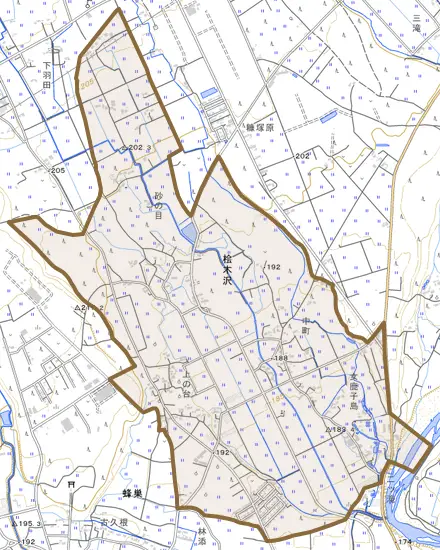 桧木沢とその周辺の地図。町の範囲を重ねている