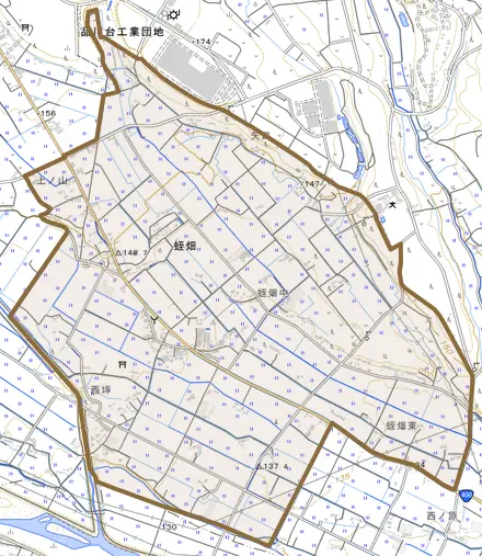 蛭畑とその周辺の地図。町の範囲を重ねている