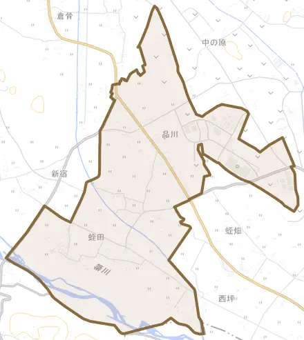 蛭田とその周辺の地図。町の範囲を重ねている