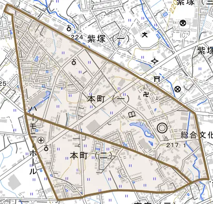 本町とその周辺の地図。町の範囲を重ねている