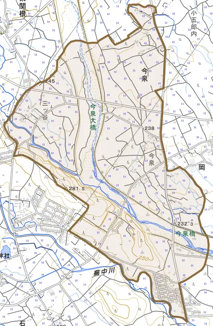 今泉とその周辺の地図。町の範囲を重ねている