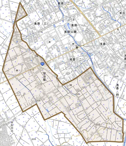加治屋とその周辺の地図。町の範囲を重ねている