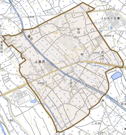 上奥沢とその周辺の地図。町の範囲を重ねている