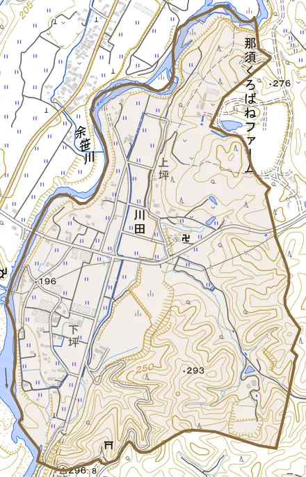 川田とその周辺の地図。町の範囲を重ねている