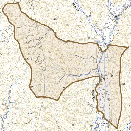 川上とその周辺の地図。町の範囲を重ねている