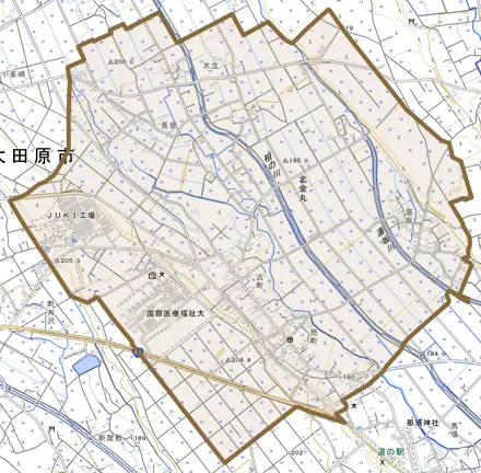 北金丸とその周辺の地図。町の範囲を重ねている