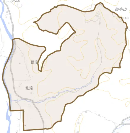 北滝とその周辺の地図。町の範囲を重ねている