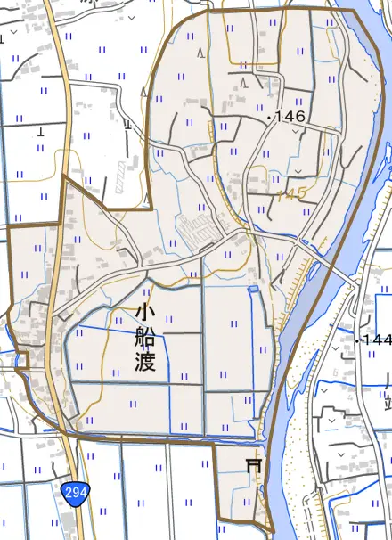 小船渡とその周辺の地図。町の範囲を重ねている
