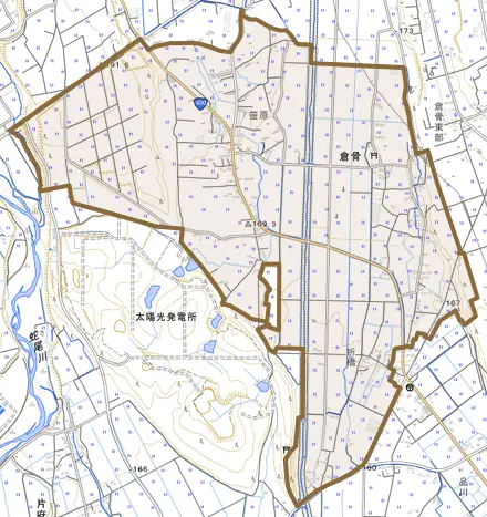 倉骨とその周辺の地図。町の範囲を重ねている
