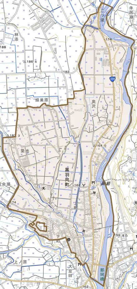 黒羽向町とその周辺の地図。町の範囲を重ねている