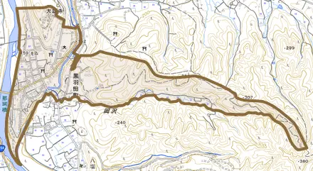 黒羽田町とその周辺の地図。町の範囲を重ねている