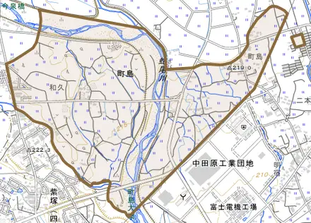 町島とその周辺の地図。町の範囲を重ねている