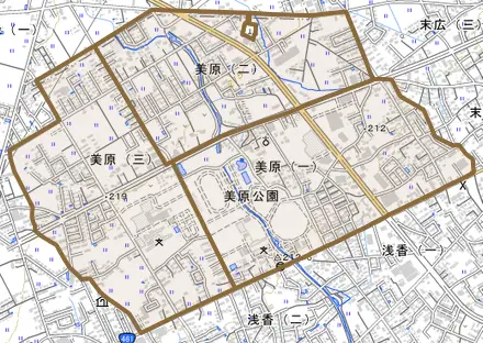 美原とその周辺の地図。町の範囲を重ねている