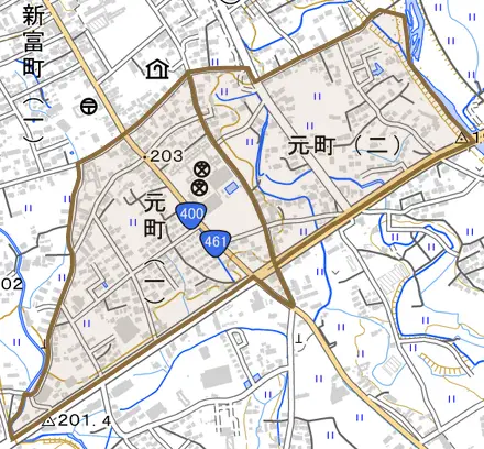 元町とその周辺の地図。町の範囲を重ねている