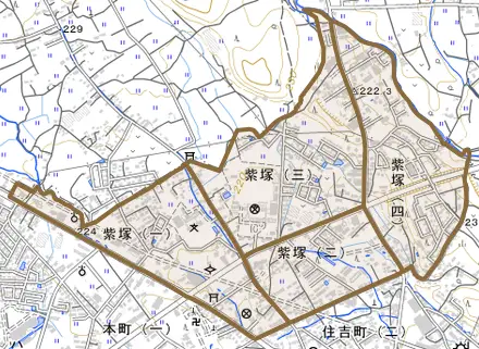 紫塚とその周辺の地図。町の範囲を重ねている