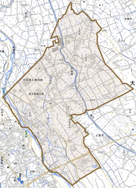 中田原とその周辺の地図。町の範囲を重ねている