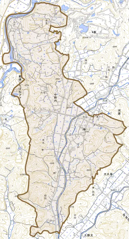 中野内とその周辺の地図。町の範囲を重ねている