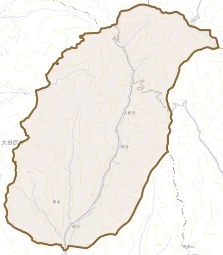 南方とその周辺の地図。町の範囲を重ねている