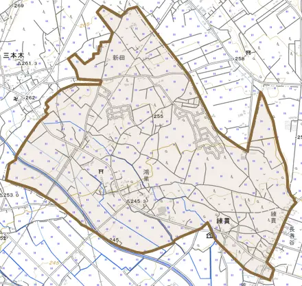 練貫とその周辺の地図。町の範囲を重ねている