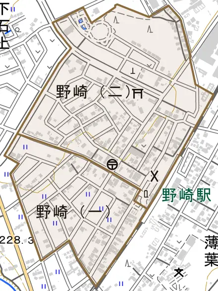 野崎とその周辺の地図。町の範囲を重ねている