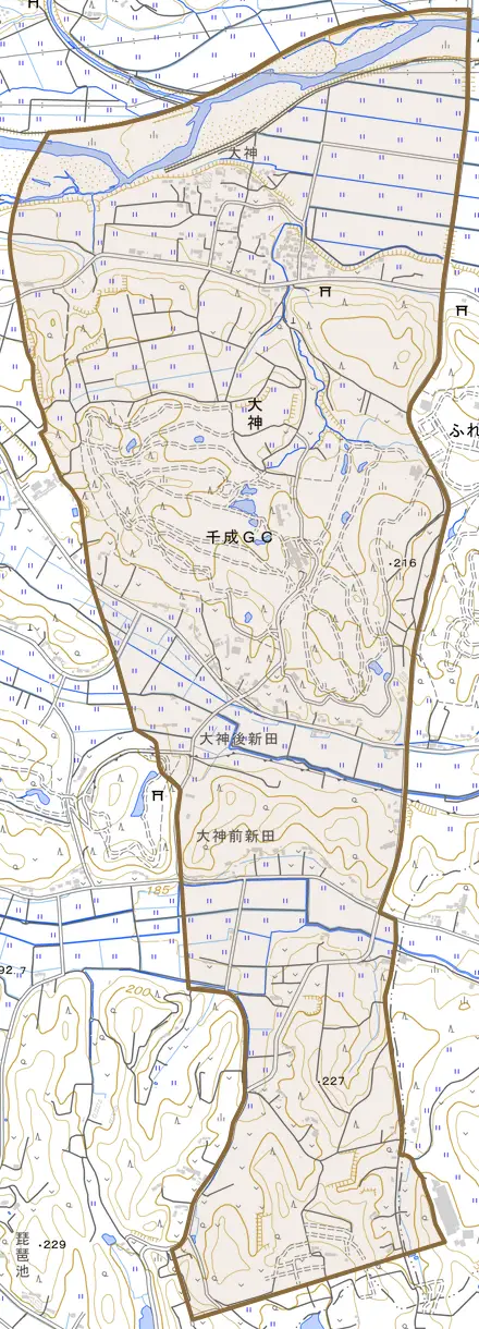 大神とその周辺の地図。町の範囲を重ねている