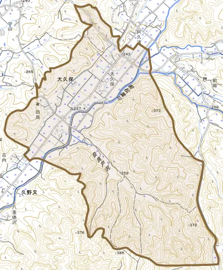 大久保とその周辺の地図。町の範囲を重ねている