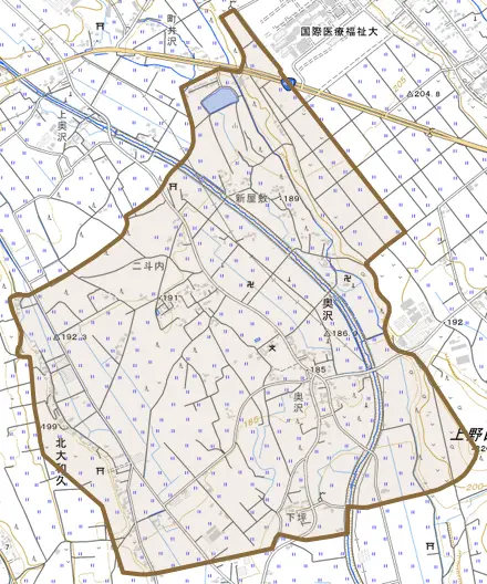 奥沢とその周辺の地図。町の範囲を重ねている