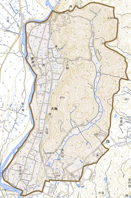 大輪とその周辺の地図。町の範囲を重ねている