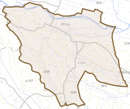 佐久山とその周辺の地図。町の範囲を重ねている