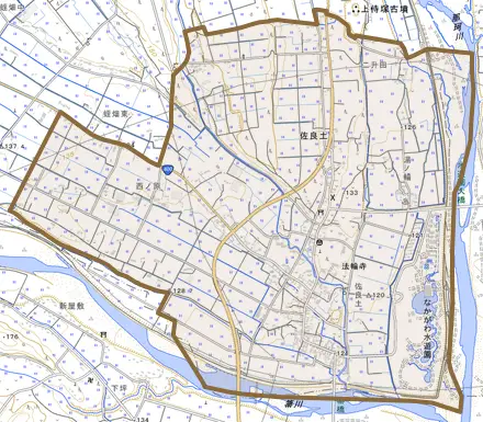 佐良土とその周辺の地図。町の範囲を重ねている