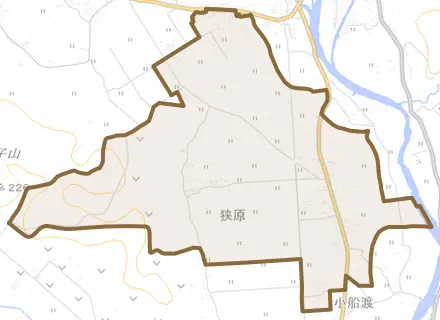 狭原とその周辺の地図。町の範囲を重ねている