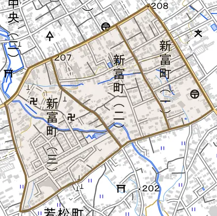 新富町とその周辺の地図。町の範囲を重ねている