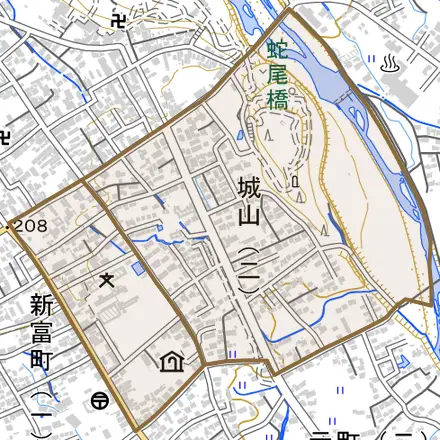 城山とその周辺の地図。町の範囲を重ねている