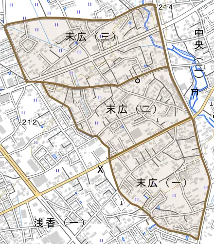 末広とその周辺の地図。町の範囲を重ねている