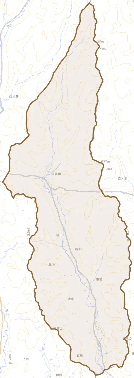 須賀川とその周辺の地図。町の範囲を重ねている