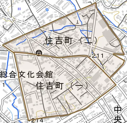 住吉町とその周辺の地図。町の範囲を重ねている