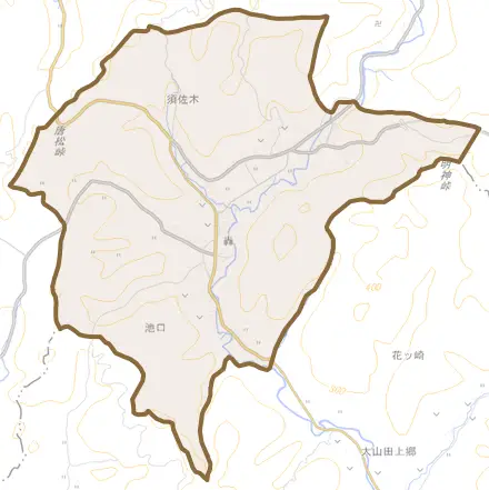 須佐木とその周辺の地図。町の範囲を重ねている