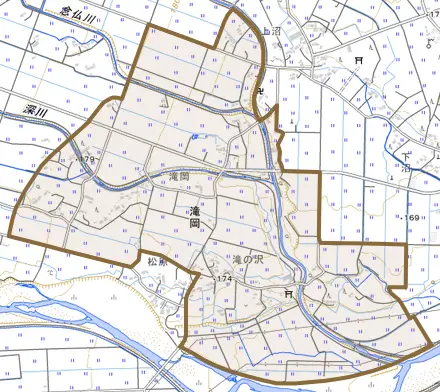 滝岡とその周辺の地図。町の範囲を重ねている