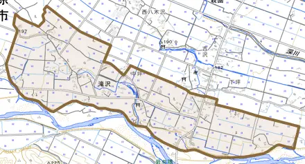 滝沢とその周辺の地図。町の範囲を重ねている