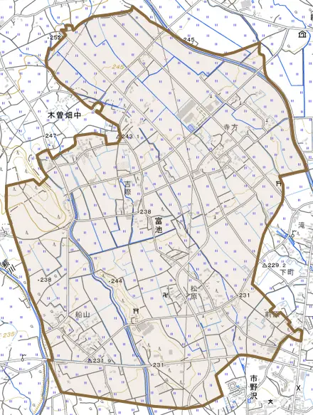 富池とその周辺の地図。町の範囲を重ねている