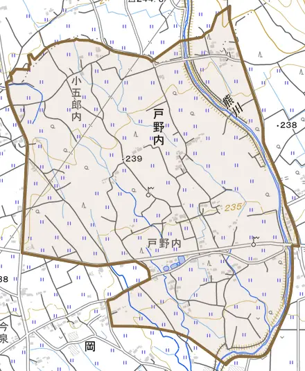 戸野内とその周辺の地図。町の範囲を重ねている