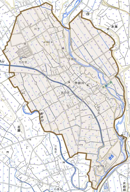 宇田川とその周辺の地図。町の範囲を重ねている